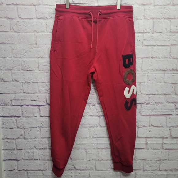 Hugo Boss Bold Logo Men's Red Sweatpants Size XL Fleece Spellout Athletic Jogger - Picture 1 of 9